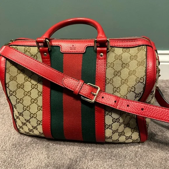 Gucci Boston bag brown monogram with red leather - Picture 2 of 16